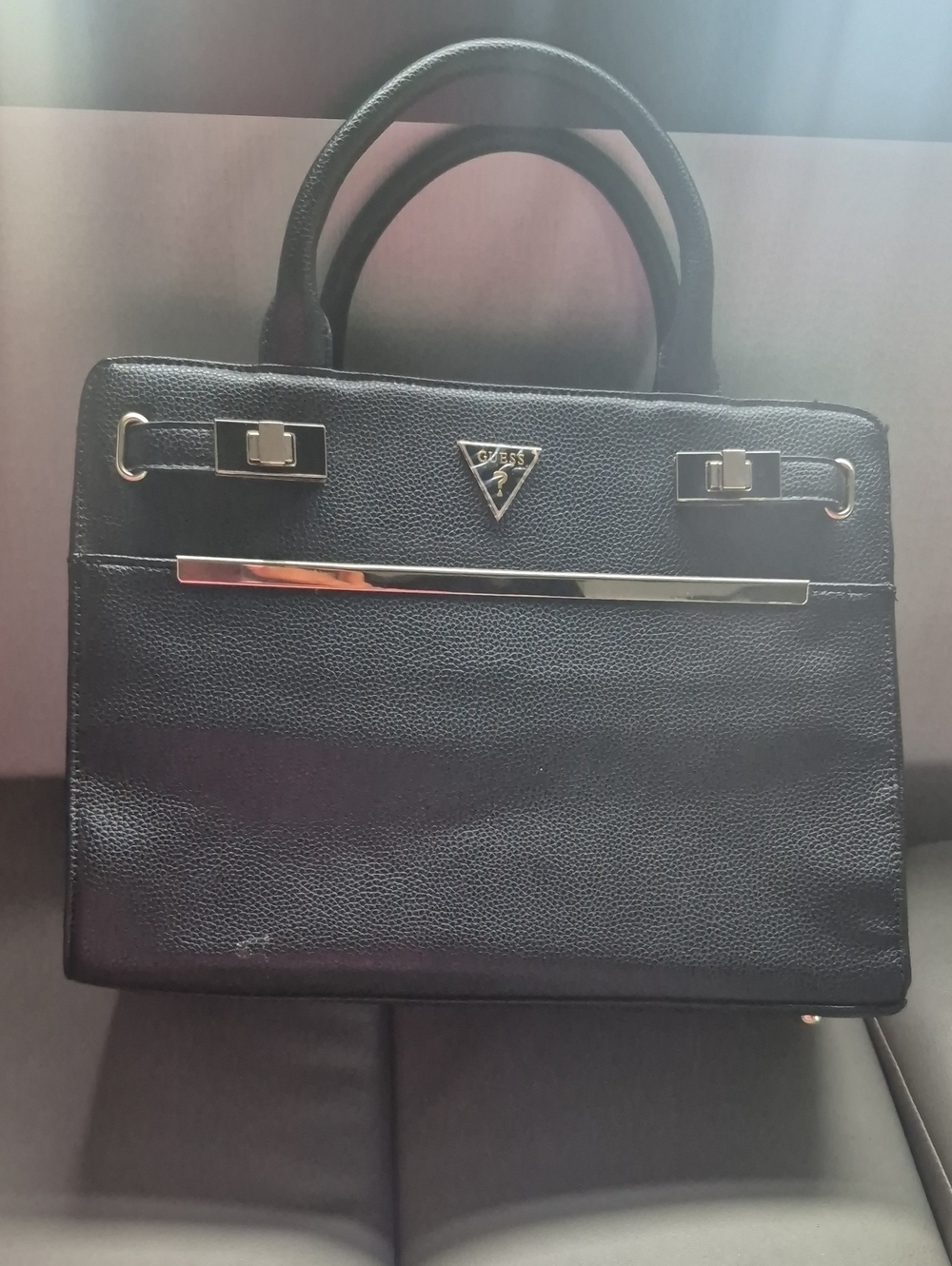 Guess Black Structured Top-Handle Briefcase with Silver Hardware
